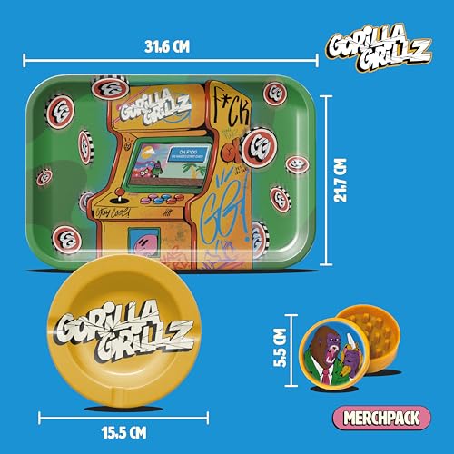 Gorilla Grillz Raucher-Set, komplett mit Aschenbecher und biologisch abbaubarem Grinder, für Raucher, Packung mit verschiedenen Zubehörteilen (Arcade, 31 x 21 cm)