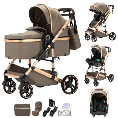Cochecito 3 en 1 Shineey con manillar regulable en altura, sistema de viaje 3 en 1, silla de paseo ligera y plegable, cochecito con estructura de aluminio para un transporte portátil (BROWN, H9)
