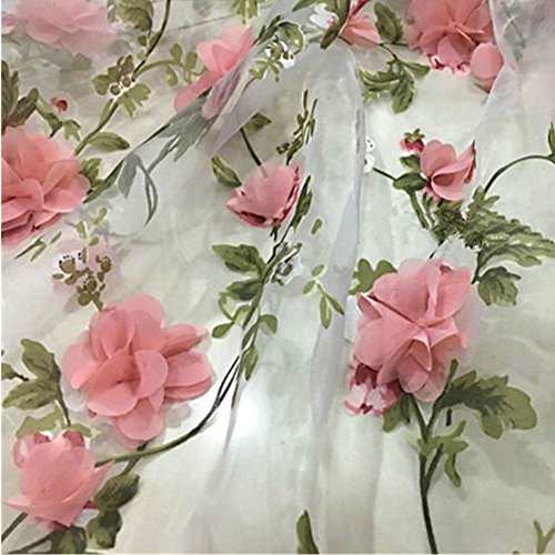 Tong Gu Lace Fabric Organza 3D Pink Chiffon Rose Floral Embroidery 55 inch Wide by Meter