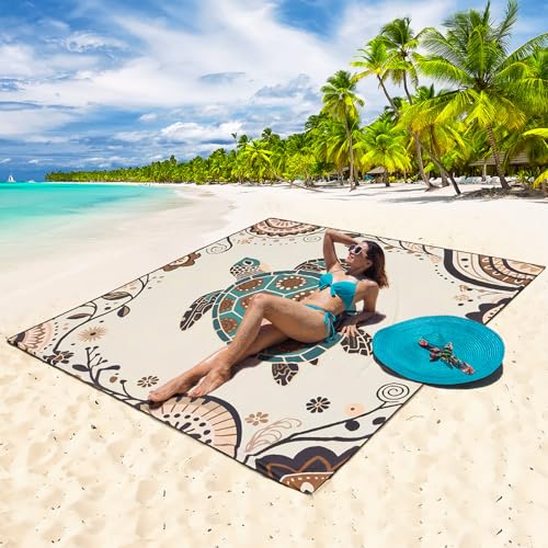Image of WIWIGO Beach Blanket Waterproof Sandproof Beach Mat 79 inch X 83 inch /10'x9' for 2-8 Adults Turtle Pattern Picnic Mat Beach Accessories for Travel, Camping, Hiking