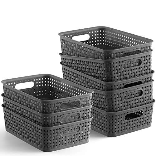 NETANY Plastic Storage Baskets – 8 Pack, Gray, Durable, Easy to Use, Flexible, Multi-Purpose, Ideal for Closets, Cabinets, Shelves, Countertops