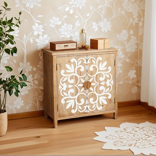 Image of Small Entryway Cabinet with Storage - Farmhouse Cabinet for Living Room, Decorative Storage Cabinet with Floral Carvings, Antique Brown & White Accent Cabinets