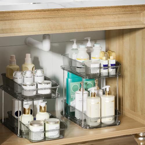 Image of Delamu 2-Tier Under Sink Organizers and Storage, Multi-Purpose Stackable Bathroom Cabinet organizers, Pull Out Kitchen Pantry Organization and Storage with Dividers(2 Pack, Grey)
