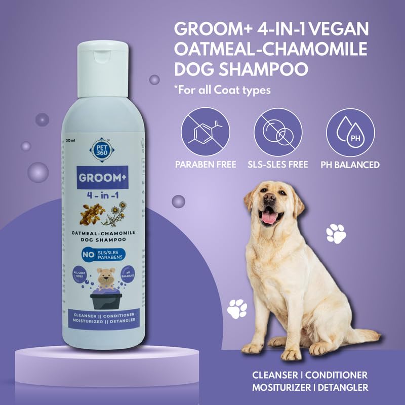Image of PET360 Groom+ 4-in-1 Oatmeal Chamomile Dog Shampoo for All Coat Type|Cleanse, Detangle & Moisturize for Smooth & Itch-Free Hair with Aloevera|Sulphate & Parabens Free-200 Milliliter