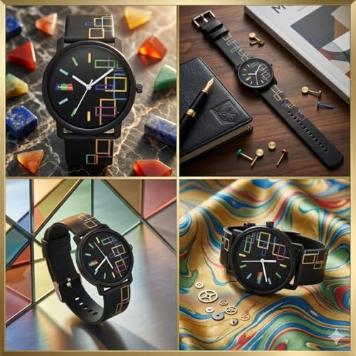 Image of Multicolor Designer Geomatric Theme Silicone Strap and Dial Wrist Watch - Geo-107