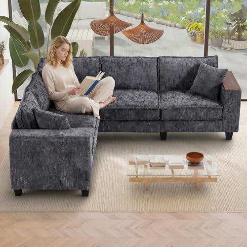 Image of 97 inch L Shaped Couch Corner Sofa, 5 Seater Oversized Cloud Couch with 2 Pillows Modular Sectional Sofa Armrests with Two Hidden Storage Space Sectional Couches for Living Room Gray Textured