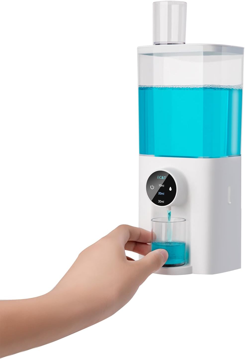 J.C&T Automatic Mouthwash Dispenser, 21.98 FlOz (650ML) Touchless Electric Wall-Mounted & Countertop, Rechargeable Mouth Wash Dispensers for Bathroom with Magnetic Cups for Kids & Adults, White