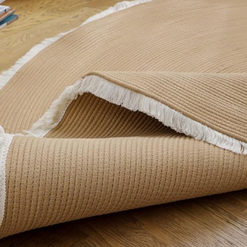 Image of Cotton Round Carpet 3x3 feet - Handmade Braided Boho Rug for Living Room, Bedroom & Balcony - Soft Washable Floor Mat, Color -Beige