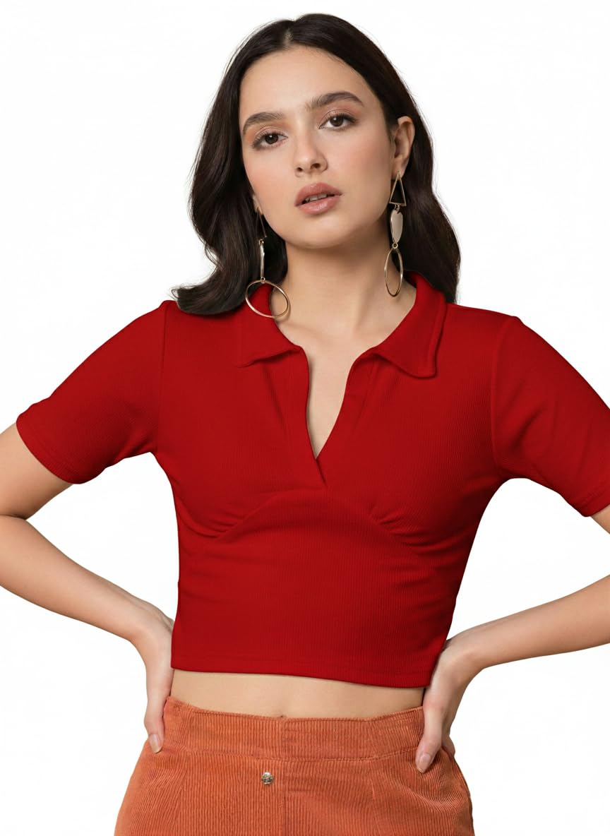istyle can Women Solid Ribbed Crop Polo Top with V-Neck Collar-picture-46