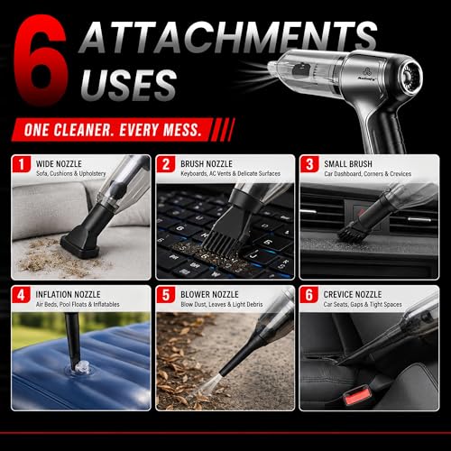 Image of Autofy 4-in-1 Vacuum Cleaner for Home & Car - Cordless Handheld Vacuum, Blower, Inflator & Sealer 12000PA Powerful Suction - 6000mAh - BLDC Motor - 6 Attachments - HEPA Filter - 2 Year Warranty