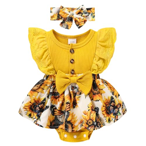 Image of Sinhoon Baby Girl Clothes Newborn Ruffled Sleeveless Romper Floral Dreesy Bodysuit Heaedband 3pcs Baby Girl Summer Clothes
