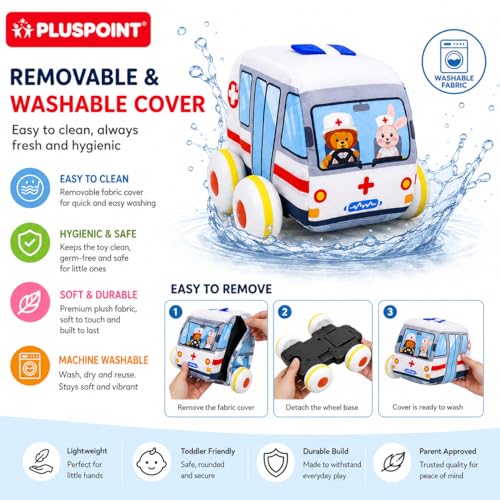 Image of PLUSPOINT Soft Pull Back Vehicle Set of 2 - Plush Baby Toy Cars with Ambulance & Donut Car Design, Soft Washable Pull Back Toys for Babies & Toddlers 2+ Years