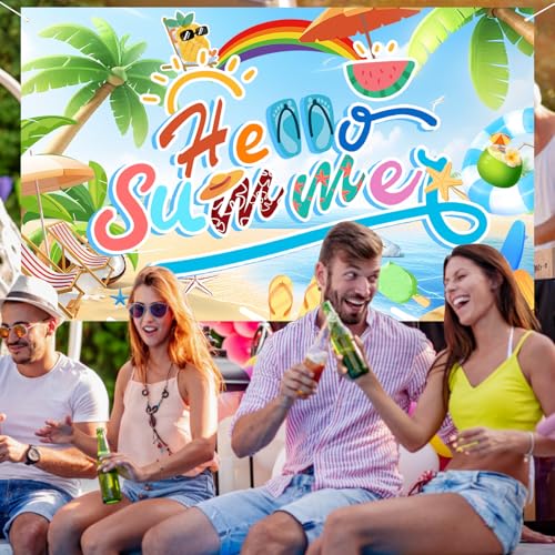 Image of Hello Summer Decor Banner, Easy To Install Summer Party Decorations Summer Fun Party Banners, Suitable for Summer Pool Parties Summer Bulletin Board Decorations Summer Birthday Party Decorations