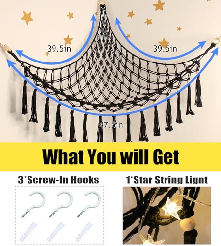 Image of Stuffed Animal Hammock Corner Storage - Toy Hammock Net Organizer with LED Light - Tedddy Hammocks Plushie Net Holder - Black Wall Decor for Boy Living Room Bedroom