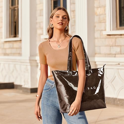 Image of KALIDI PVC Zipper Tote Bag, Jelly Kraft Paper Beach Bag Large Hobo Carry All Travel Shopping Handbag Plastic Shoulder Bag