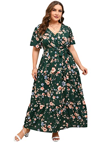 Image of ShopWonder Womens Plus Size V Neck Wrap Maxi Dress High Waist Ruffle Summer Casual Dress with Belt