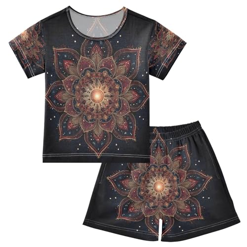 Black Gold Red Mandala Kids Pjs Set Boys Girls Summer Short-Sleeve Sleepwear Pajamas 2PCS