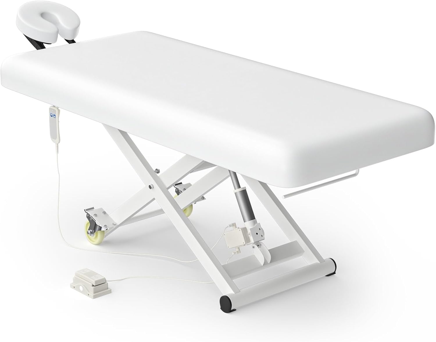 Electric Massage Table Bed - Facial Spa Treatment Table, Esthetician Bed with Wheel, Hand & Foot Pedal Dual Control Adjustable Height 440lbs, Professional Salon & Beauty Spa Use (White)