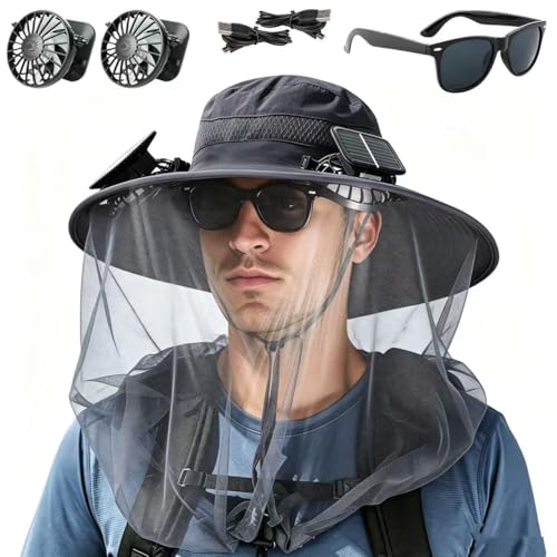 Image of Fishing Hats with Sunglasses, Wide Brim Sun Hat with 2 Solar Fan, USB & Solar Powered Fishing Hats, Solar Fan Hats UPF 50+