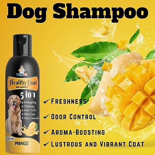 WiggleBoo-5-in-1-Healthy-Coat-Dog-Shampoo-for-Detangling-Cleansing-Anti-Tick-Silky-Coat-Odor-Control-Dog-Puppy-Friendly-Made-in-India-Dog-Care-Pet-Grooming-Mango-Fragrance-200ml