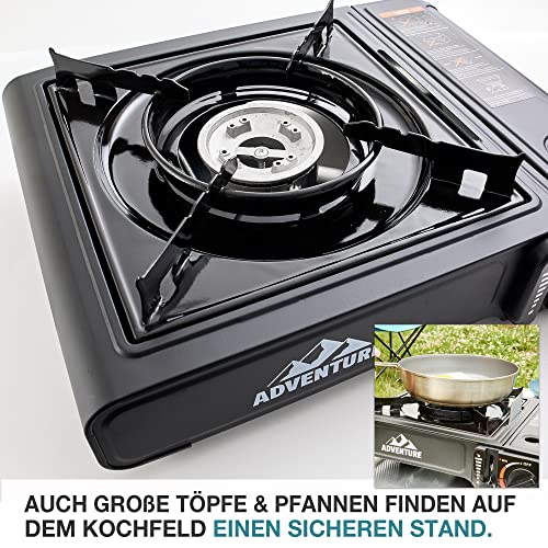 TOM Adventure Gas Camping Stove Set with 4 x Butane Gas Cartridges and Case - Piezo Ignition - Camping Gas Stove with Gas Hob (1 - Flame) for Your Outdoor Activities with 4 Gas Cartridges - Image 5