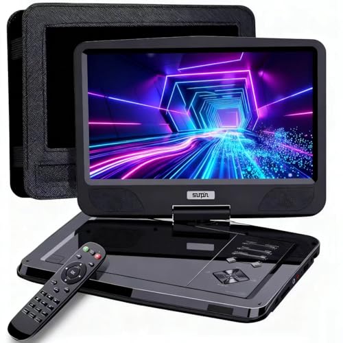 SUNPIN 12 5 Zoll Tragbarer DVD Player mit 10 5 Zoll HD Schwenkbaren Bildschirm 6h Akkulaufzeit Region Free AV-Out/Kopfhörerbuchse Auto Halterung Inklusive - Ideal für Reisen/Auto/Kinder