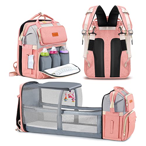 Image of Bubblbay Pink Diaper Bag Backpack, 16 Large Pockets Multifunctional Portable Baby Travel Bags for Boys Girls, 900D Waterproof Baby Diaper Bag
