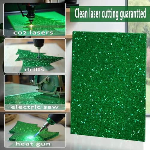 Image of Glitter Acrylic Sheets, Green, 12 inchx8 inch, 2 Pack | 1 /8 in Thick, Cast Sparkly, For Laser Cutting, Engraving, Invitation Blanks