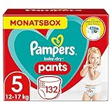 Pampers Windeln Pants Größe 5 (12-17kg) Baby-Dry, Junior mit Stop- und Schutz Täschchen, MONATSBOX, 132 Höschenwindeln