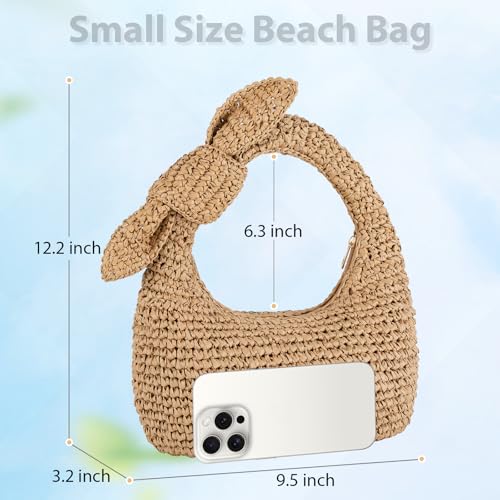 Bolso pequeño de paja tipo tote con moño y flecos miniatura 3