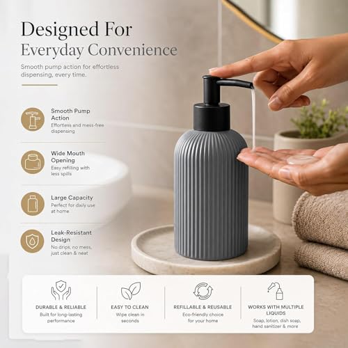 Image of Rioware Ceramic Soap Dispenser Hand Wash Bottles for Basin | Multipurpose Refillable for Liquid Shampoo, Kitchen, Bathroom, and Household Use | 300Ml, Pack of 2 - Solid Grey
