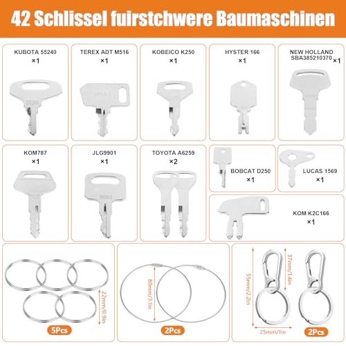 Baumaschinen Schlüssel Set 42Stk Bagger Schlüssel Kit Ersatz Zündschlüssel für Cat, Komatsu, Kubota, Hitachi, Takeuchi, Raupe, Kobelco, Volvo, Bobcat (42)