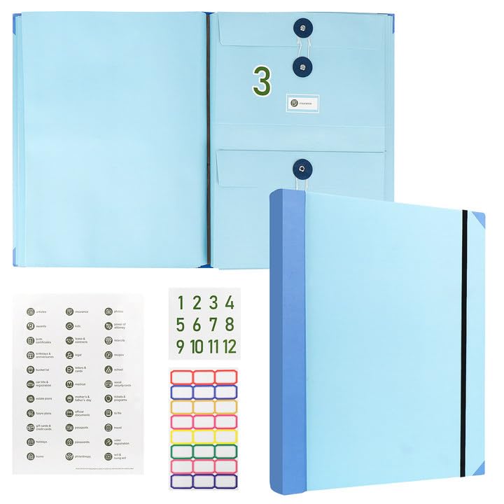 Meetory Document Organizer,Important Document Organizer Folio Folders with Labels for A4 Size Papers,Emergency Binder Organizer, Life Binder Organizer Kit for Documents (Blue)