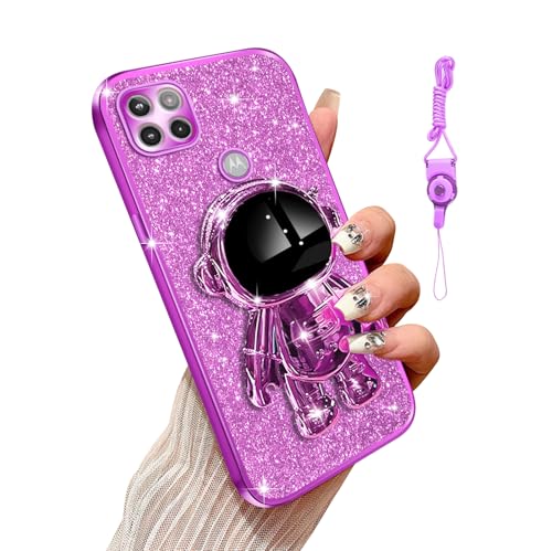 Annyojo for Motorola Moto One 5G Ace Case, Women Girls Bling Luxury Glitter Clear Phone Case with 6D Astronaut Stand Kickstand, Shockproof Protective Cover for Moto One 5G Ace, Purple