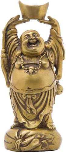 Chino Fengshui hecho a mano latón riendo Buda sosteniendo lingote estatuilla riqueza decoración para el hogar TQ176