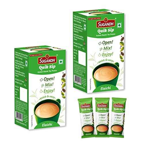 Image of Sugandh Quik Sip Instant Elaichi Chai Premix (Pack of 2) - Single Serve Sachets - 2 Boxes of 10 Sachets each