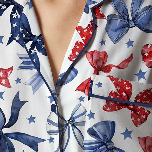 Image of Argeousgor Women 4th Of July Pajama Sets American Flag Short Sleeve Shirt and Shorts 2 Piece Independence Day Pajamas Set