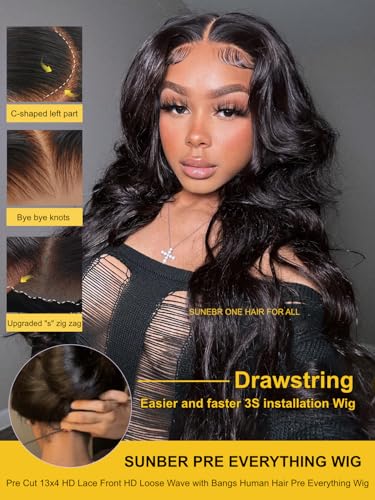Image of Sunber 13x4 Pre-Everything Wig With Loose Wave Face-Framing Layers 16inch | Side-Swept Bangs Wig Human Hair with Drawstring 180% Density