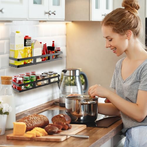 Kitchen Metal Wall Mounted Spice Racks, 2 Pack Adhesive Black Sto...