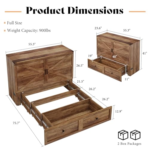 Image of AMERLIFE Full Murphy Bed Cabinet with Charging Station and Storage, Farmhouse Foldable Platform Bed for Guest Room, Office, Small Spaces, Barnwood