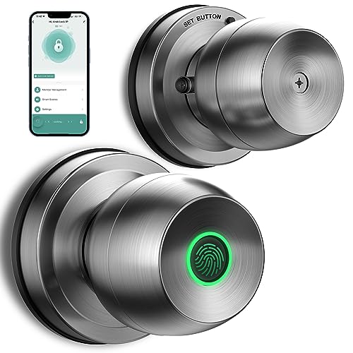 HEI LIANG Fingerprint Door Lock Smart Door Knob, Biometric Door Lock with App Control, Suitable for Bedrooms,Cloakroom,Apartments Offices,Hotels (Satin Nickel)