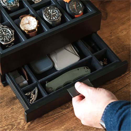 Organizer na zegarek z 8 przegródkami dla mężczyzn, czarne wykończenie, gablota na zegarek, modułowa taca do obsługi samochodu, Apple Watch kompatybilna ze stojakiem Apple Watch, szuflada na akcesoria