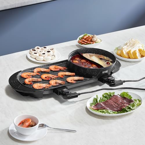 VEVOR Hot Pot with Grill, 2200W 2-in-1 Electric Smokeless Grill and Hot Pot, Korean BBQ Shabu Shabu Hotpot with Separate Dual Temperature Control, Non-stick Pan, for 1-6 People Family Dinning - Image 3