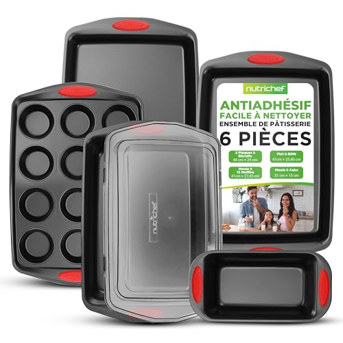 Nutrichef Moules à Pâtisserie 6 Pcs – Plaques, Moule Muffins, Moule Pain, Plat à Rôtir avec Couvercle | Acier Carbone Antiadhésif, Plaques de Cuisson avec Poignées Silicone, Noir