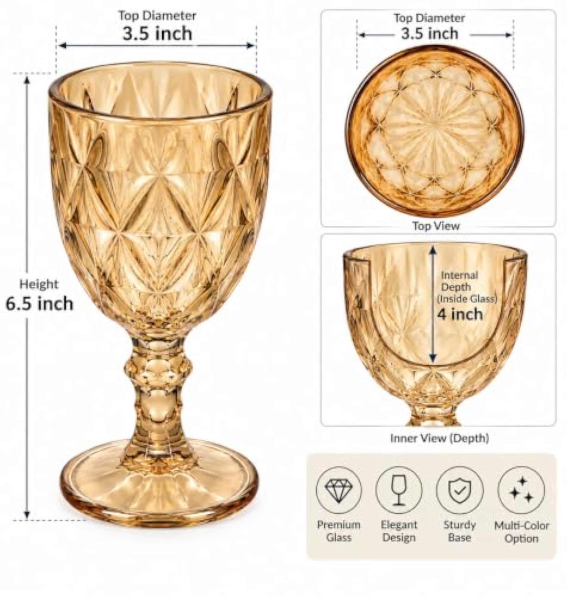 Set of 6 Decorative Embossed Multicolor Wine Glasses