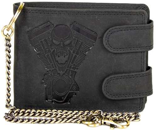 Biker Geldbörse für Herren aus Leder mit Einer Totenkopf & V2-Motor Prägung, Portemonnaie mit Kette, RFID Schutz, Münzfach & Reißverschlussfach, Rocker Geldbeutel Motorrad Style (Schwarz) Biker Geldbörse für Herren aus Leder mit Einer Totenkopf & V2-Motor Prägung, Portemonnaie mit Kette, RFID Schutz, Münzfach & Reißverschlussfach, Rocker Geldbeutel Motorrad Style (Schwarz)