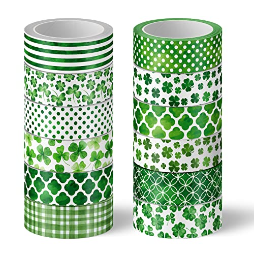 Whaline 12 Rolls St. Patrick's Day Washi Tape Green Washi Masking Tape Lucky Shamrock Clover Pattern Decorative Paper Stickers for Irish Holiday Scrapbook Gift Packing DIY Craft Party Decor, 16.4Ft