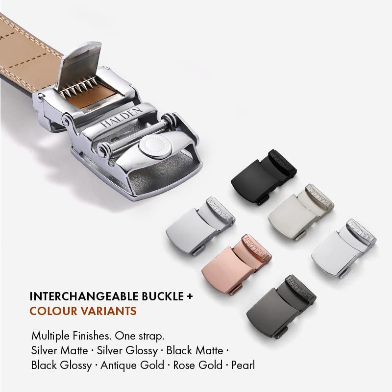 Image of HALDEN BURLEY Men's Brown Ratchet Belt | Auto-Lock Leather Formal Belt with Magnetic Buckle | Adjustable Free Size Fits Up to 44 Inch Waist