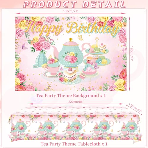 KEFAN Tea Theme Party Tableware Supplies, Includes Backdrop, Plates, Cups, Napkins, Tablecloth, Balloons for Girls Birthday Party, Serves 20