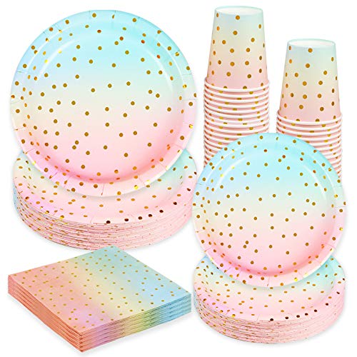 Larchio Pastel Rainbow Party Supplies Pastel Party Plate Cups and Napkins for Kids Birthday Baby Shower Party Tableware Serve 24